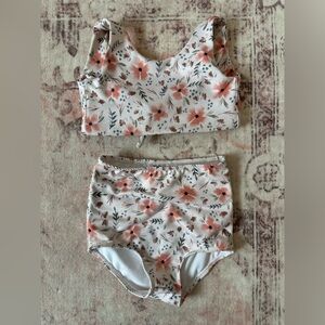 Imagine Perry 2T Floral High-Waist Kids Bikini Set - White with Coral Flowers
